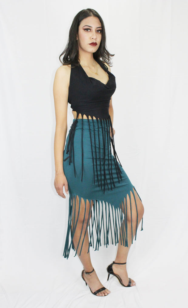 Long Drawstring Fringe Skirt [WSO-703A]